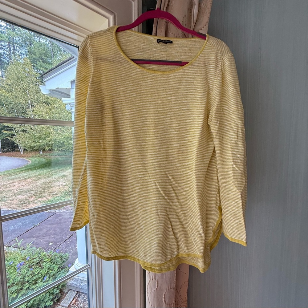 Eileen Fisher Greenish Yellow Striped Knit Linen Long Sleeve Tee with Long Back